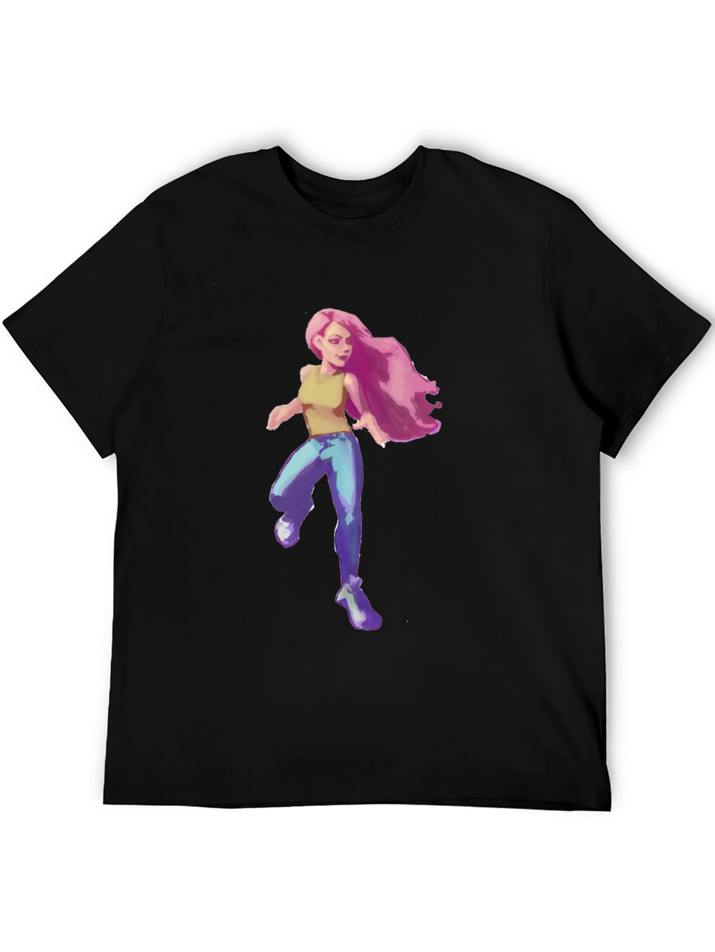 Pink-Haired Girl Graphic Tee - Black Cotton Blend T-Shirt