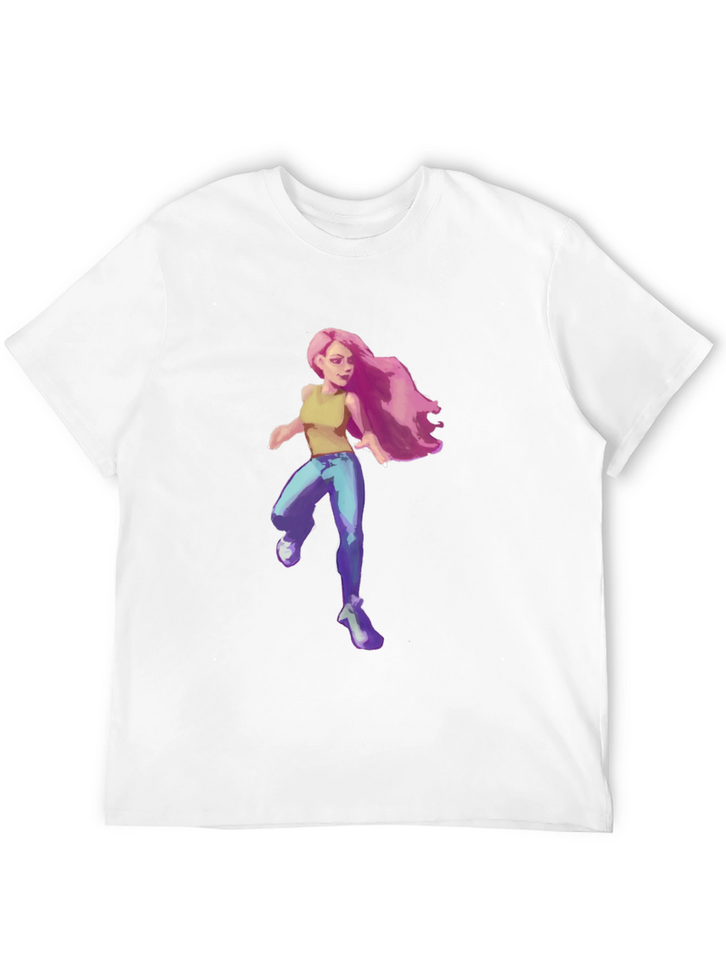 Pink-Haired Girl Graphic Tee - Black Cotton Blend T-Shirt