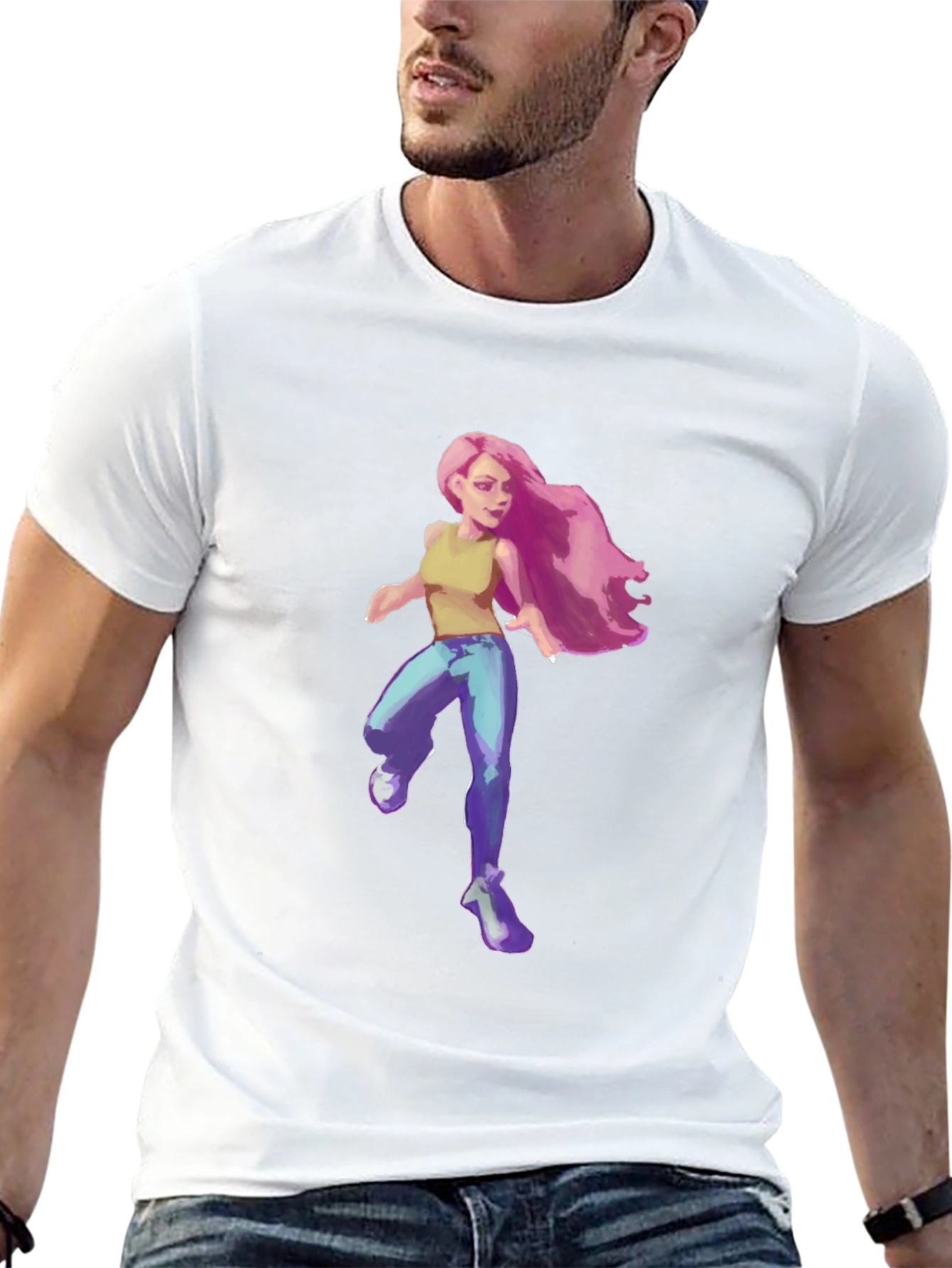 Pink-Haired Girl Graphic Tee - Black Cotton Blend T-Shirt