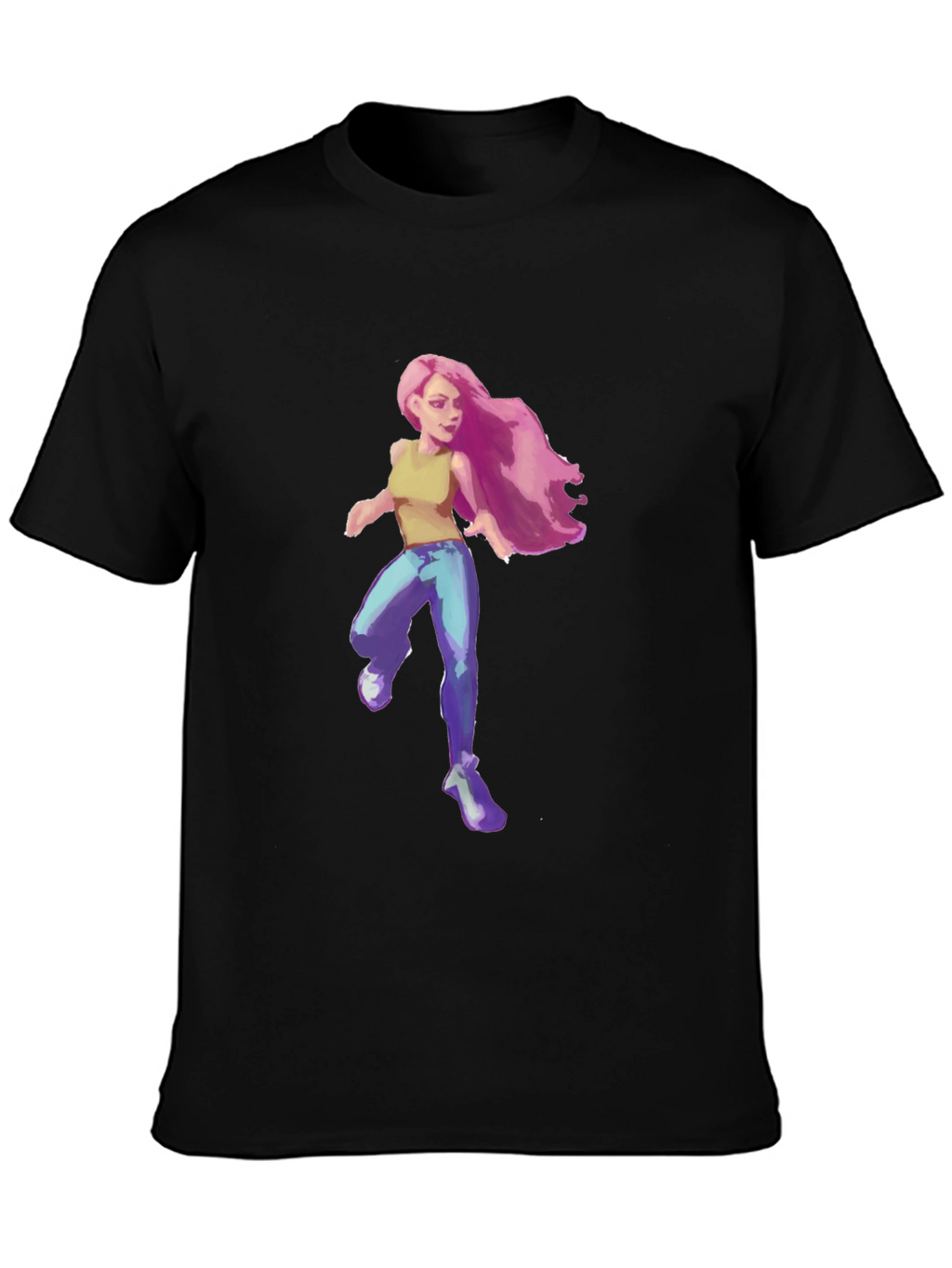 Pink-Haired Girl Graphic Tee - Black Cotton Blend T-Shirt