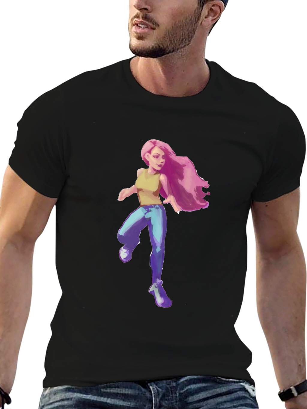Pink-Haired Girl Graphic Tee - Black Cotton Blend T-Shirt