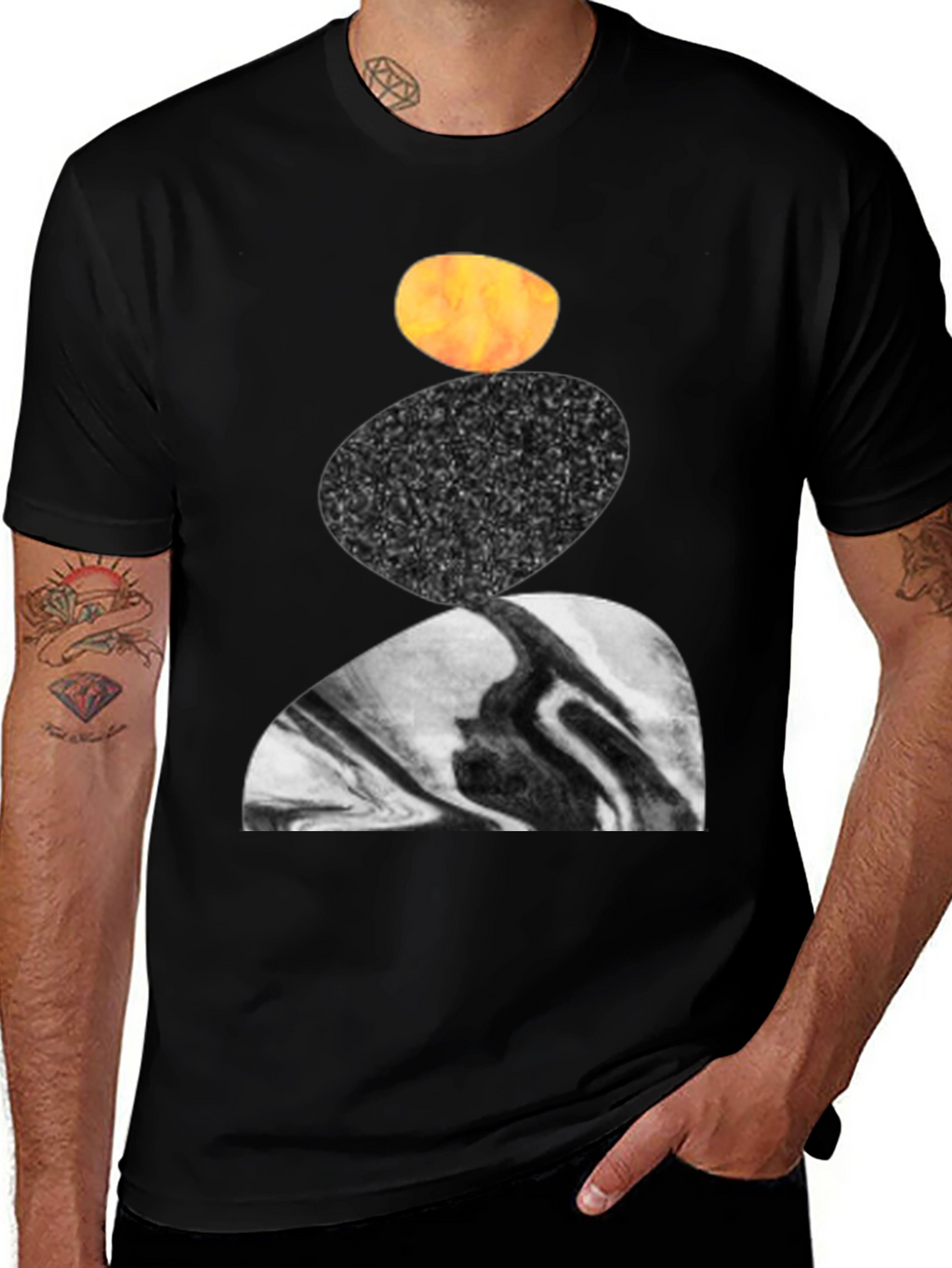 Abstract Stacked Stone Graphic Print Black T-Shirt