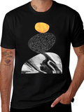 Abstract Stacked Stone Graphic Print Black T-Shirt