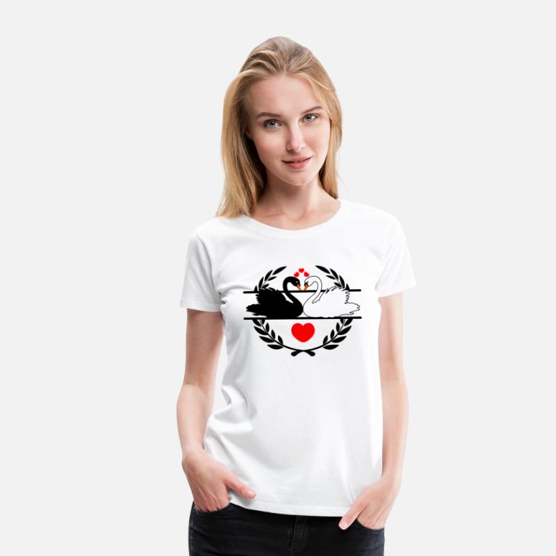 Black and white swan in laurel wreath with hearts