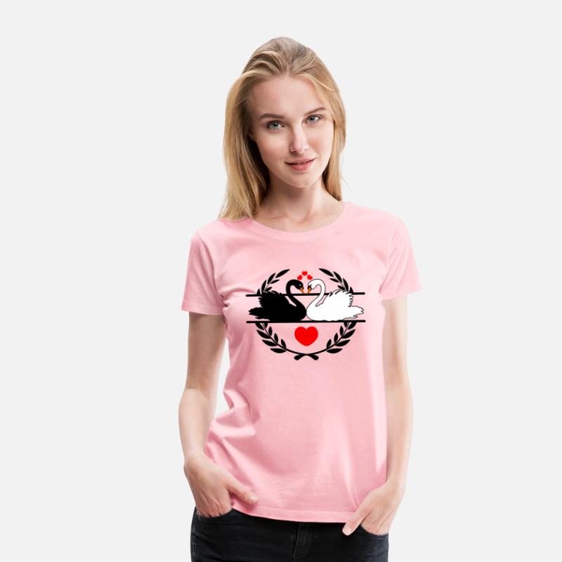 Black and white swan in laurel wreath with hearts