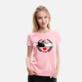 Black and white swan in laurel wreath with hearts