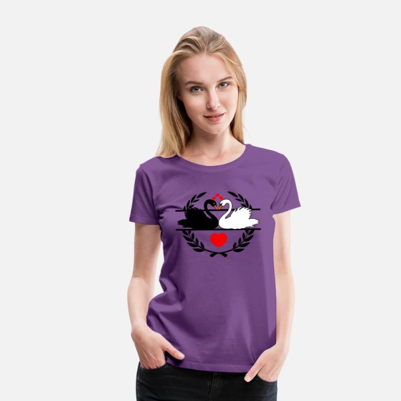 Black and white swan in laurel wreath with hearts