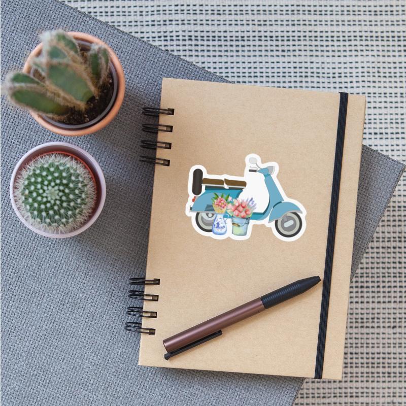 Blue Retro Scooter With Tulips Art Design