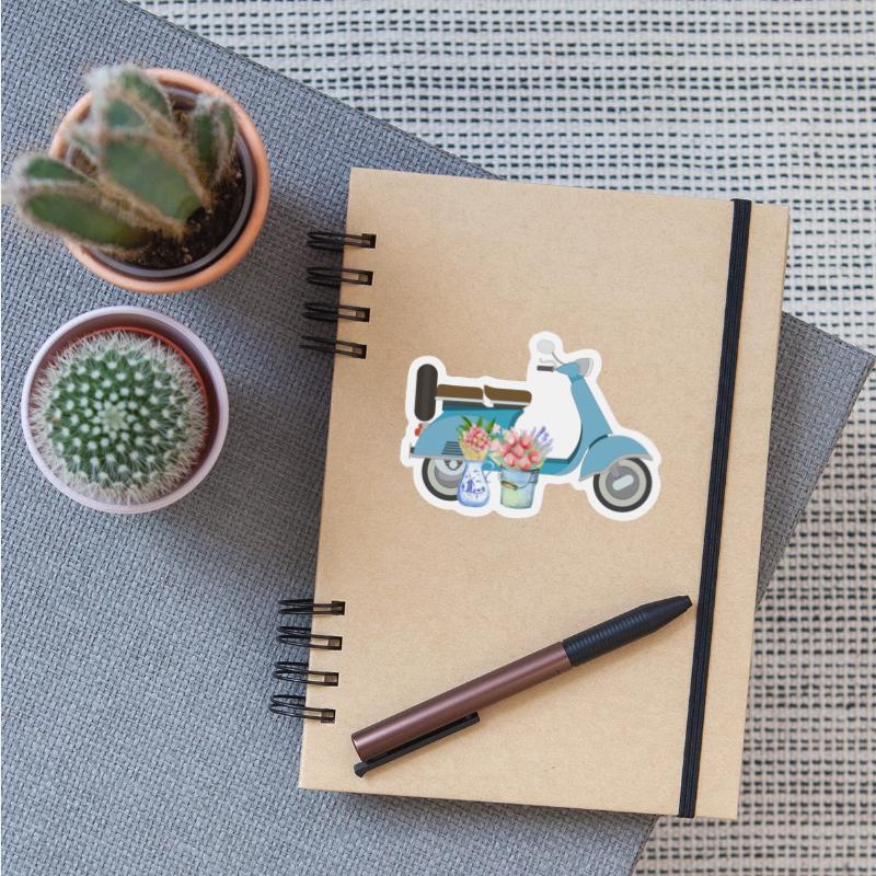 Blue Retro Scooter With Tulips Art Design