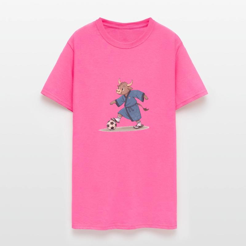 Bull playing soccer in karate kimono