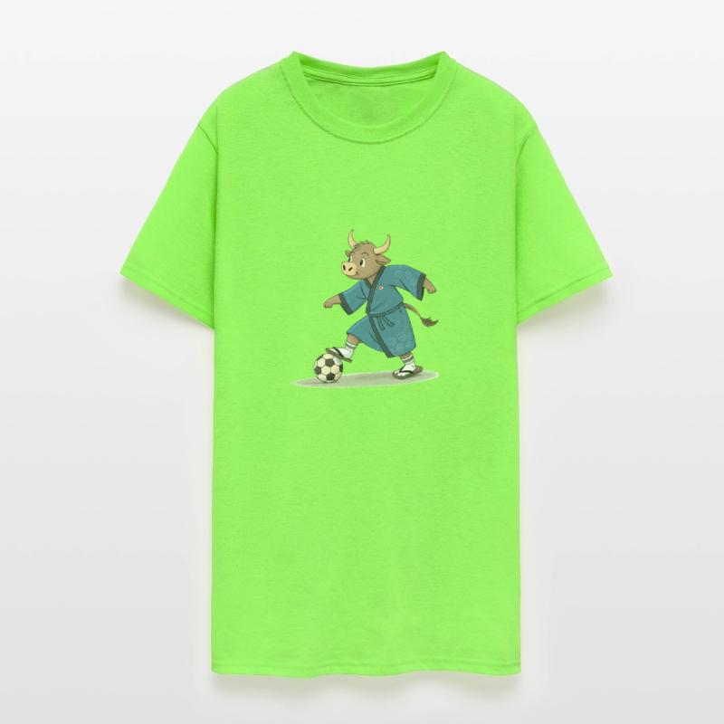 Bull playing soccer in karate kimono