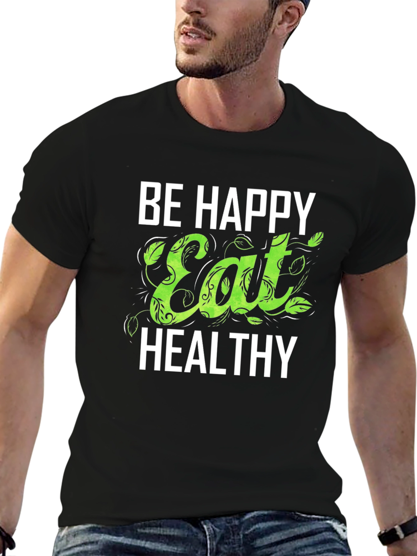 Be Happy Eat Healthy Graphic Tee - Black T-Shirt