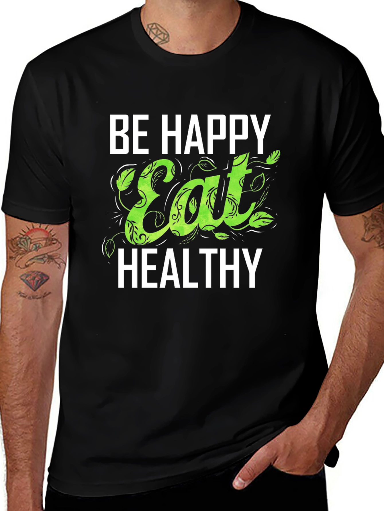 Be Happy Eat Healthy Graphic Tee - Black T-Shirt