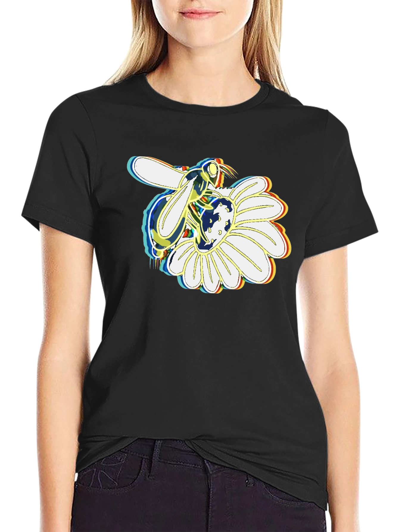 Bee on Daisy Graphic Tee - Stylish Black T-Shirt