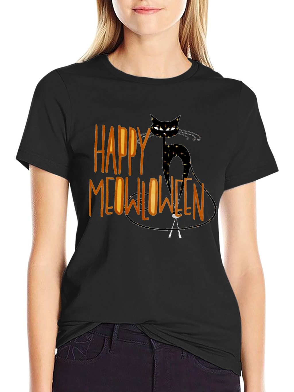 Happy Meowlloween Black Cat Graphic T-Shirt