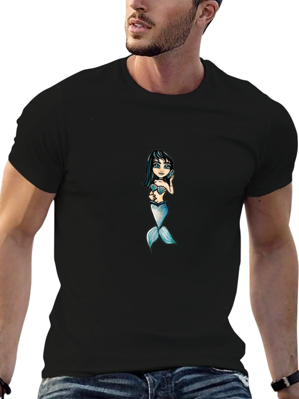 Mermaid Graphic Tee - Black Cotton T-Shirt