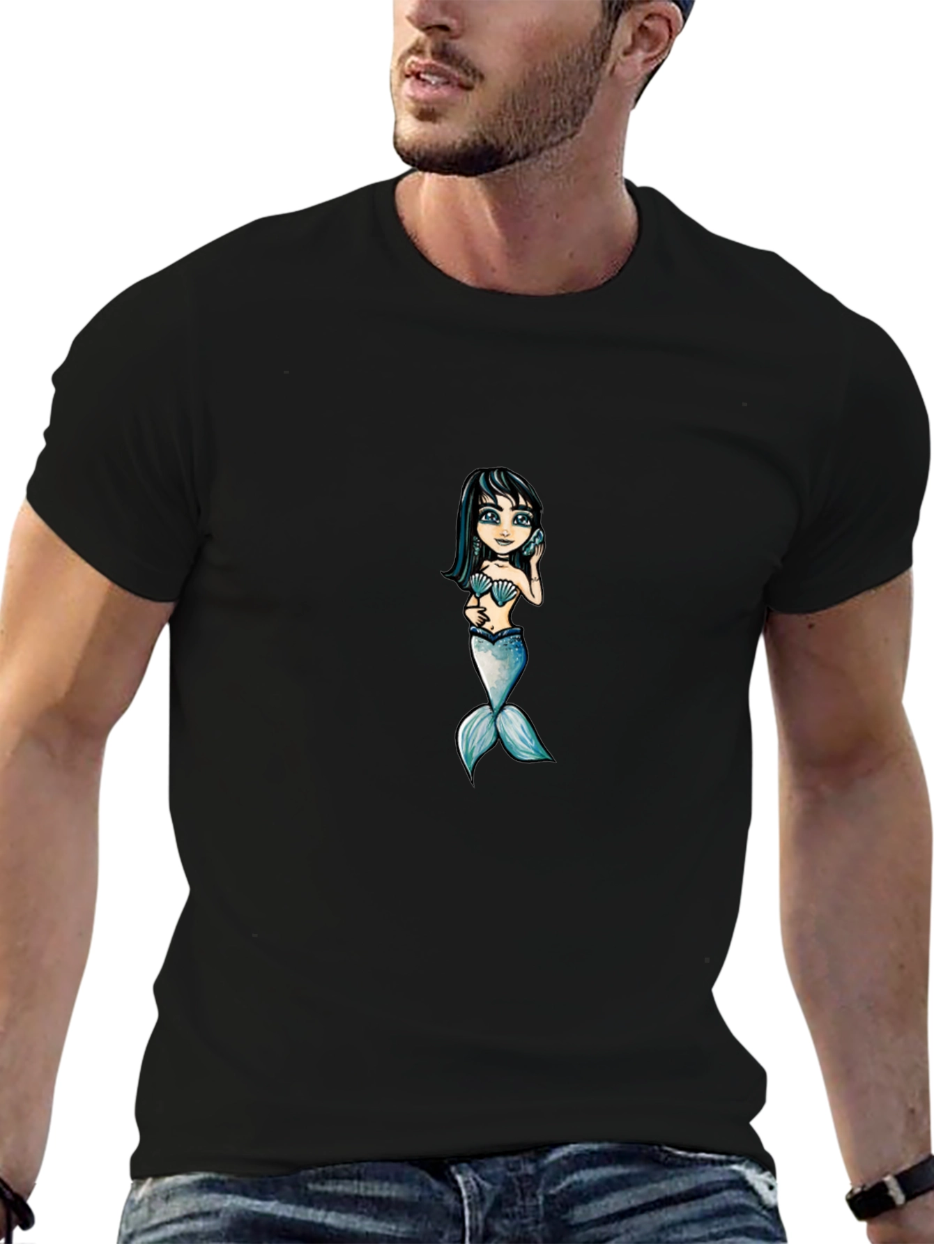 Mermaid Graphic Tee - Black Cotton T-Shirt