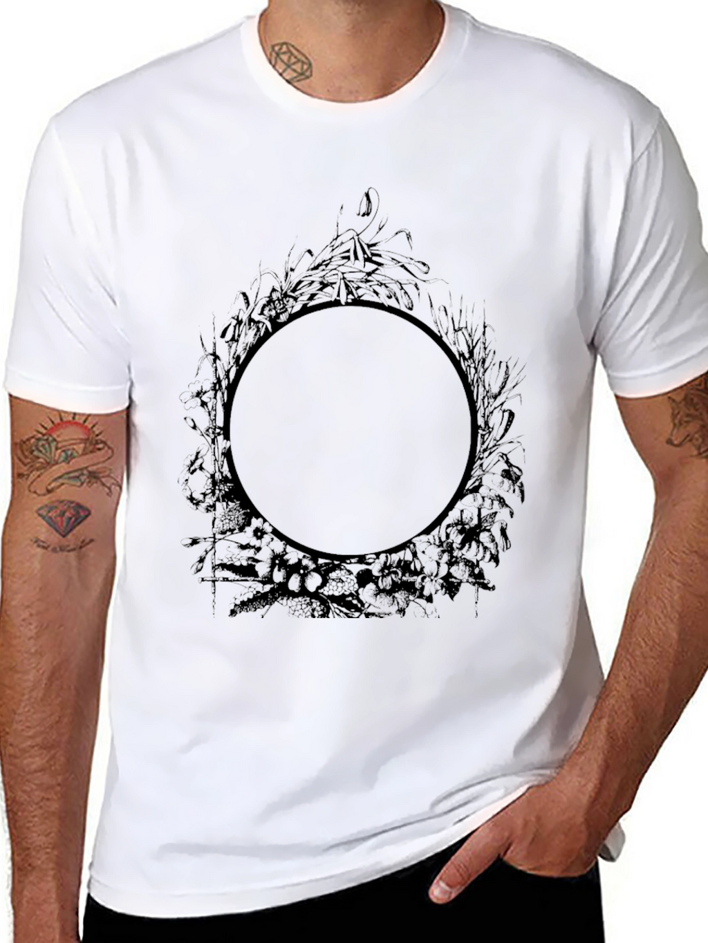 Mens Black Graphic Tee - Circle Floral Design