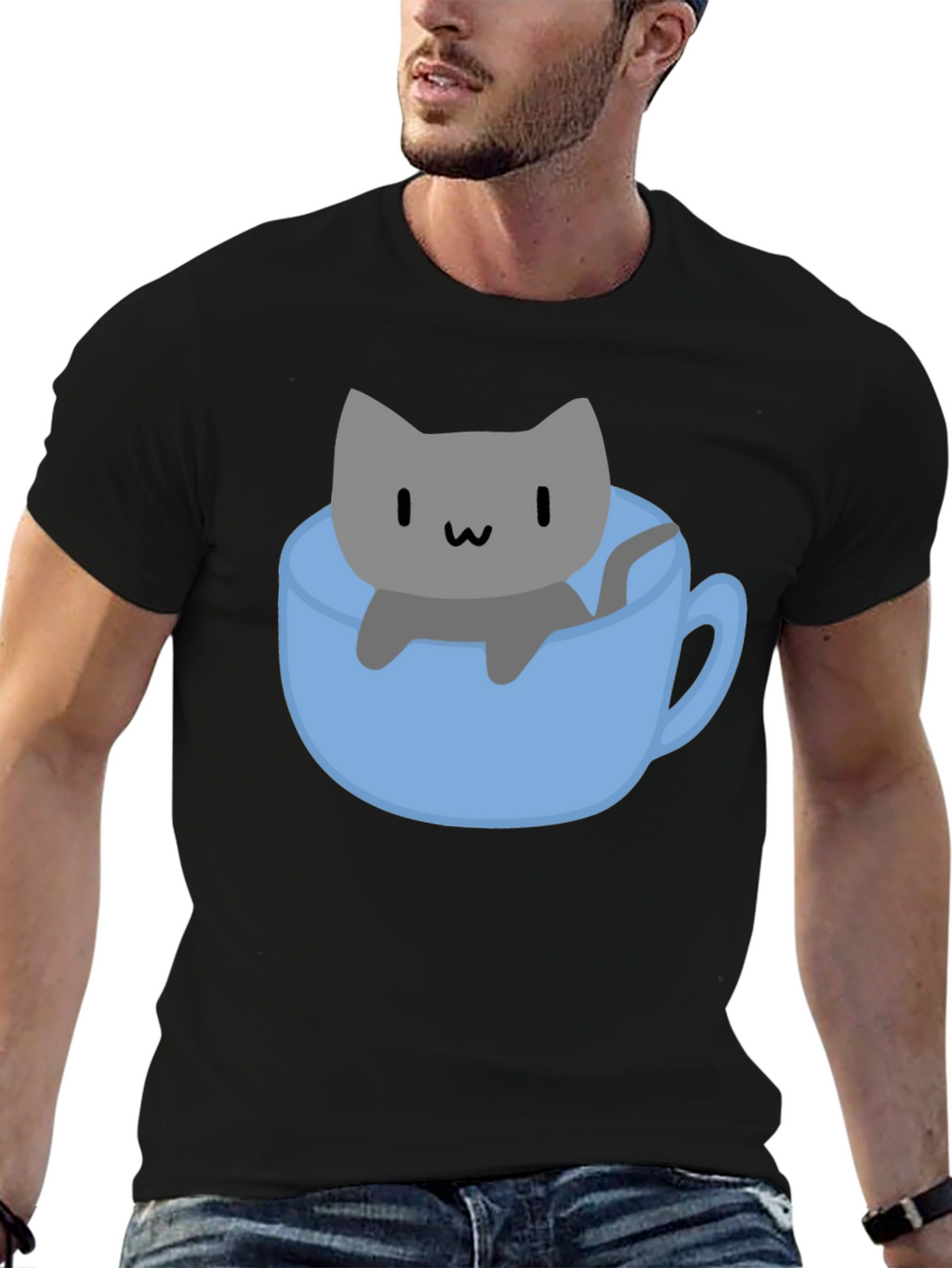 Cute Cat in Cup T-Shirt - Black