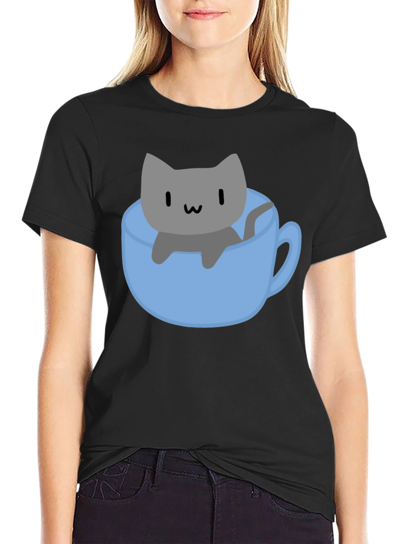 Cute Cat in Cup T-Shirt - Black