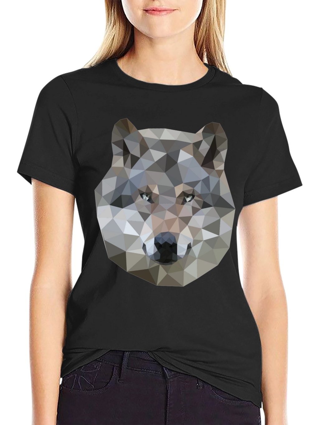 Geometric Wolf Graphic Print Black T-Shirt