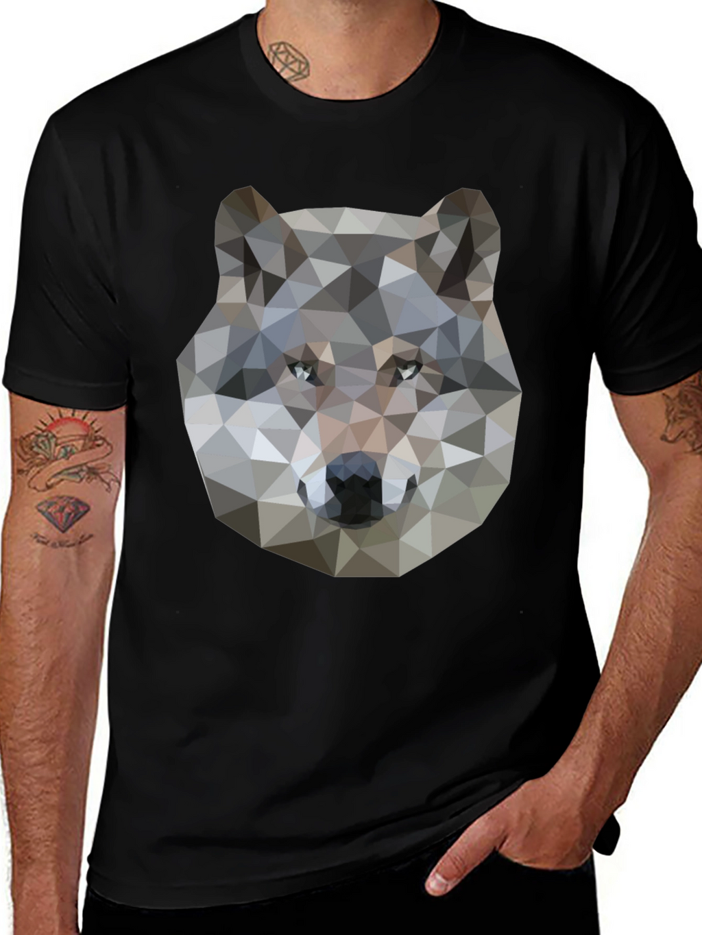 Geometric Wolf Graphic Print Black T-Shirt