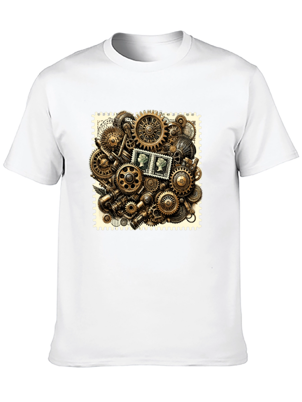 Steampunk Gears & Stamp Print Black T-Shirt
