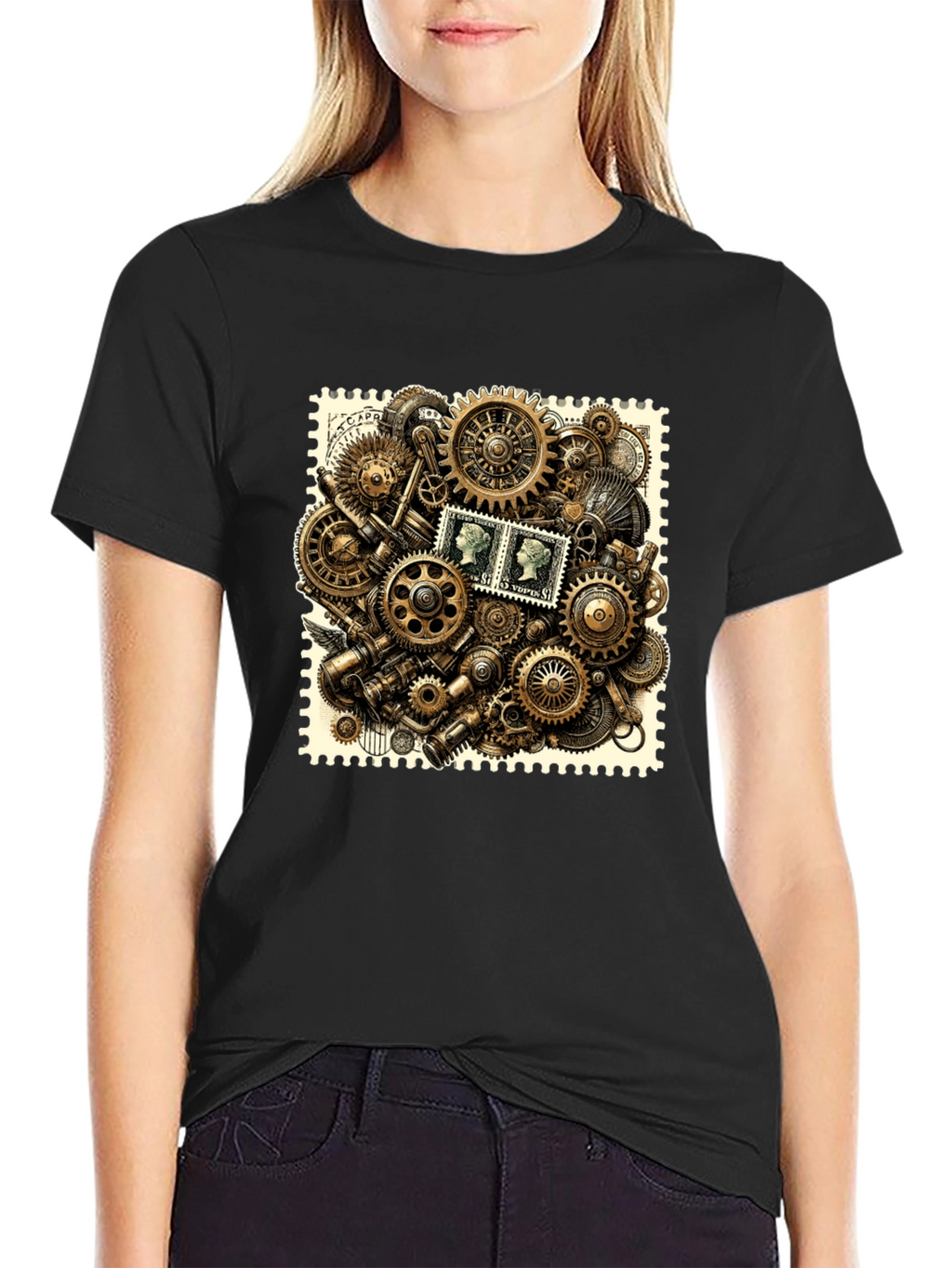Steampunk Gears & Stamp Print Black T-Shirt