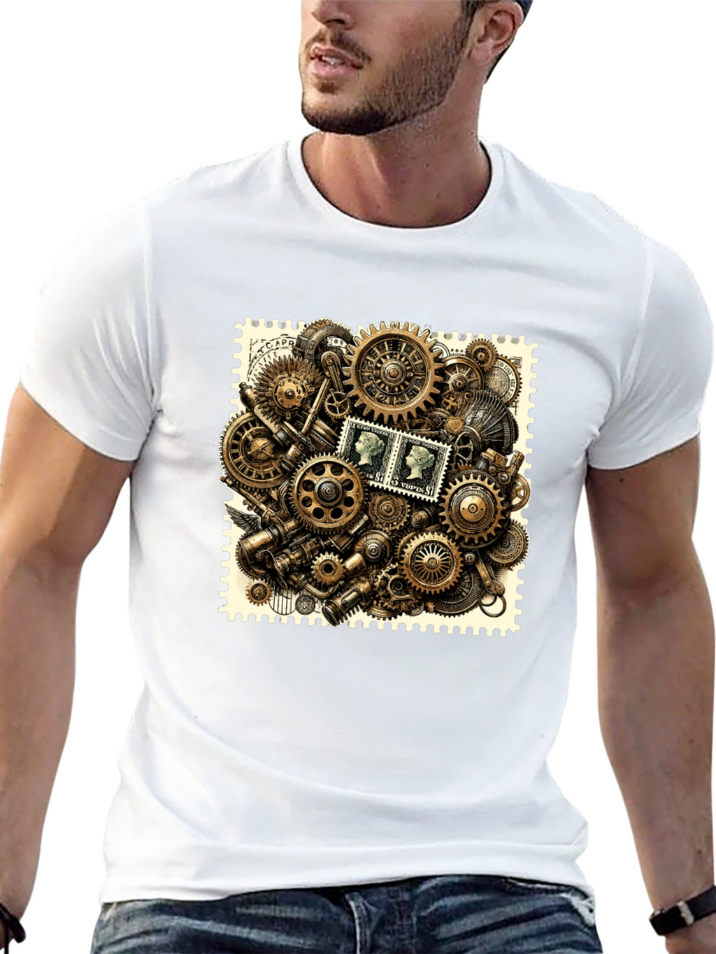 Steampunk Gears & Stamp Print Black T-Shirt