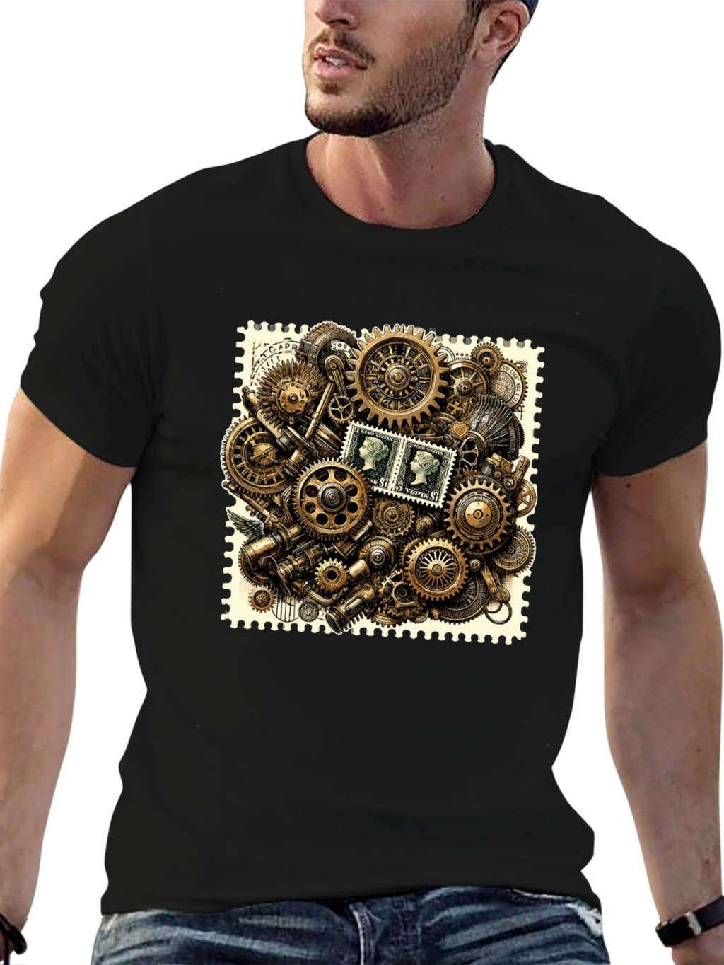Steampunk Gears & Stamp Print Black T-Shirt