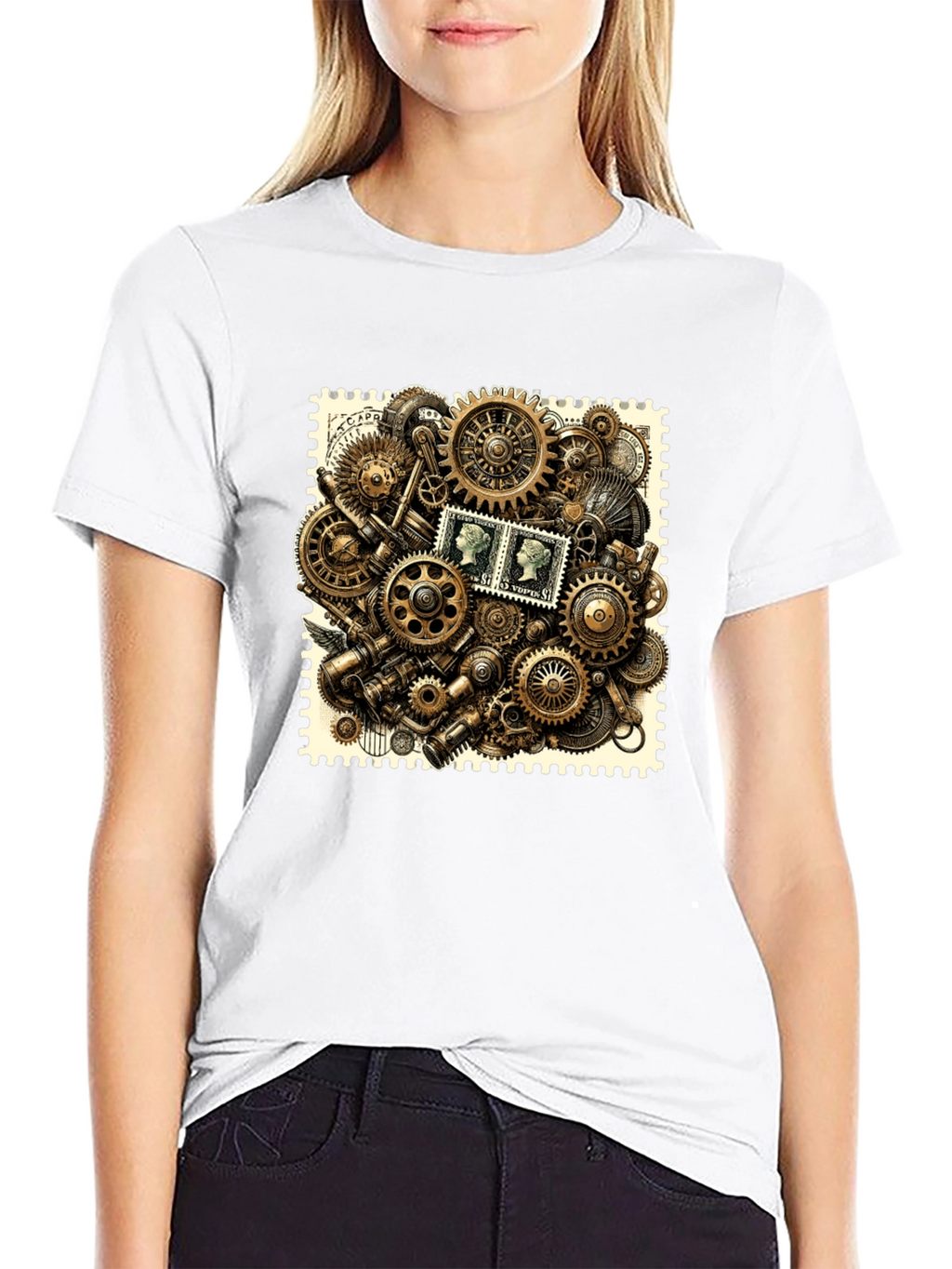 Steampunk Gears & Stamp Print Black T-Shirt