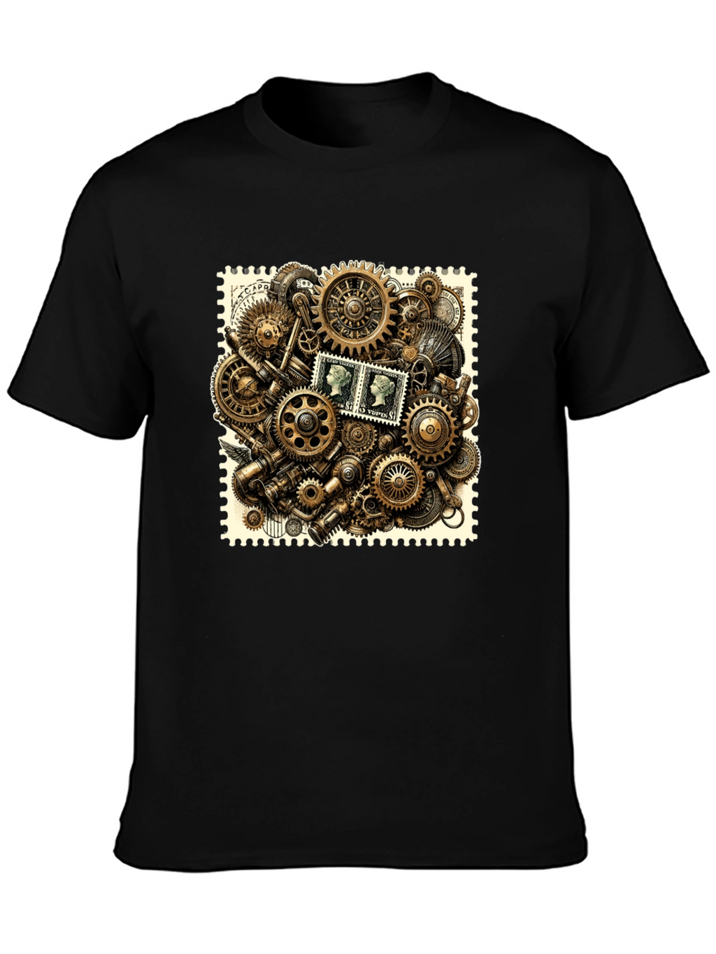 Steampunk Gears & Stamp Print Black T-Shirt