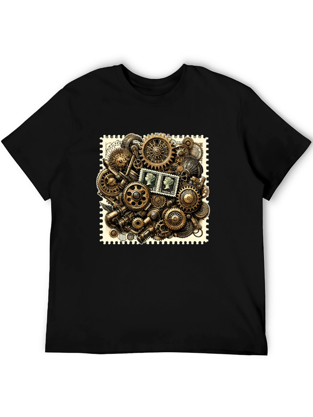 Steampunk Gears & Stamp Print Black T-Shirt