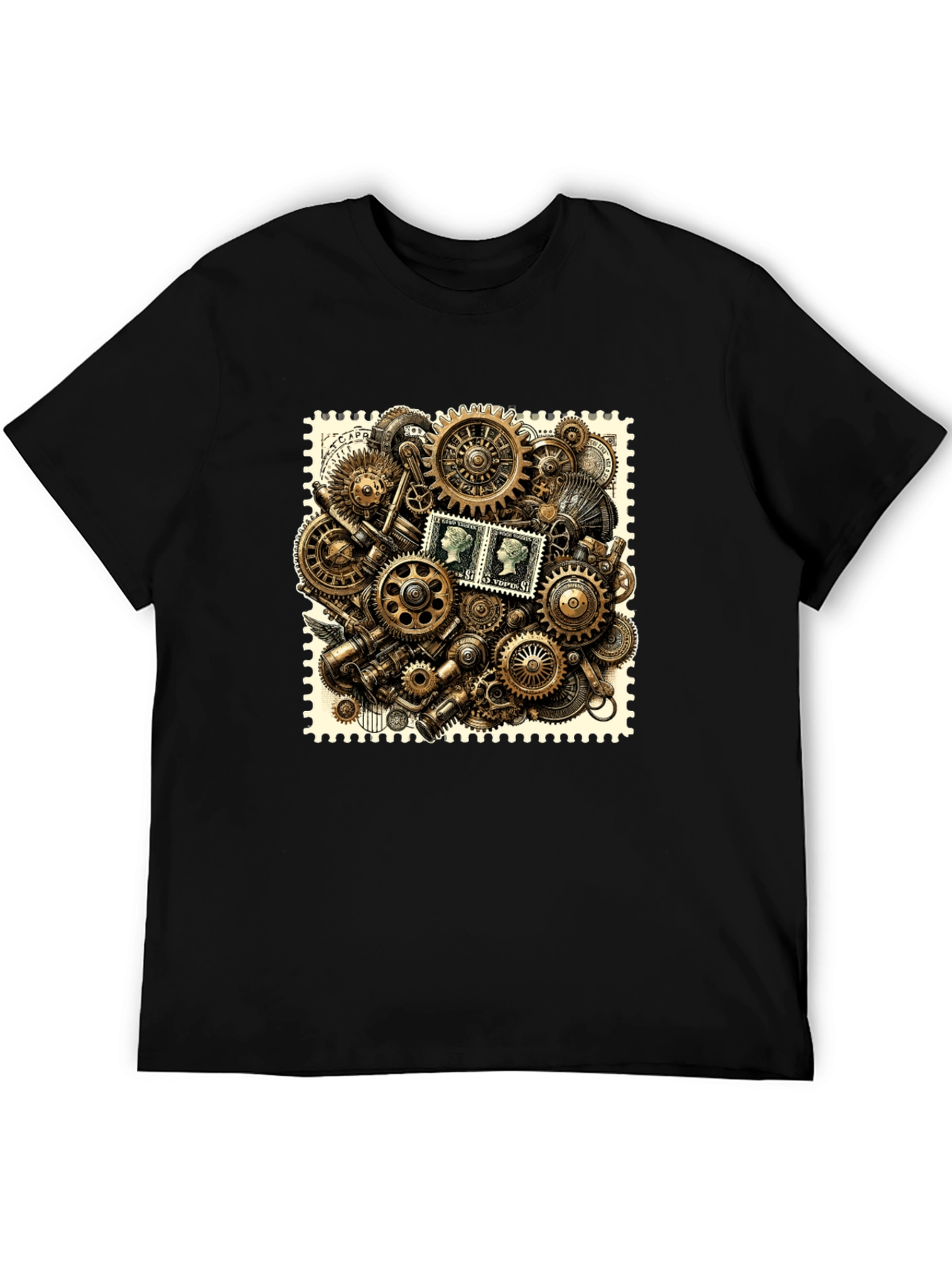 Steampunk Gears & Stamp Print Black T-Shirt