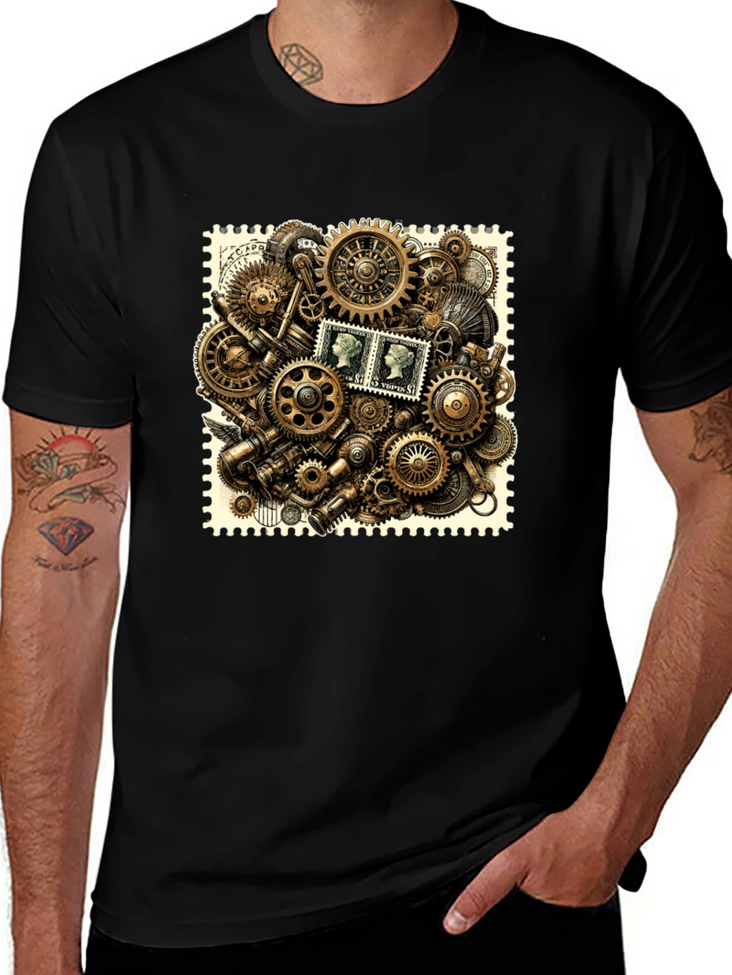 Steampunk Gears & Stamp Print Black T-Shirt