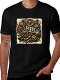 Steampunk Gears & Stamp Print Black T-Shirt