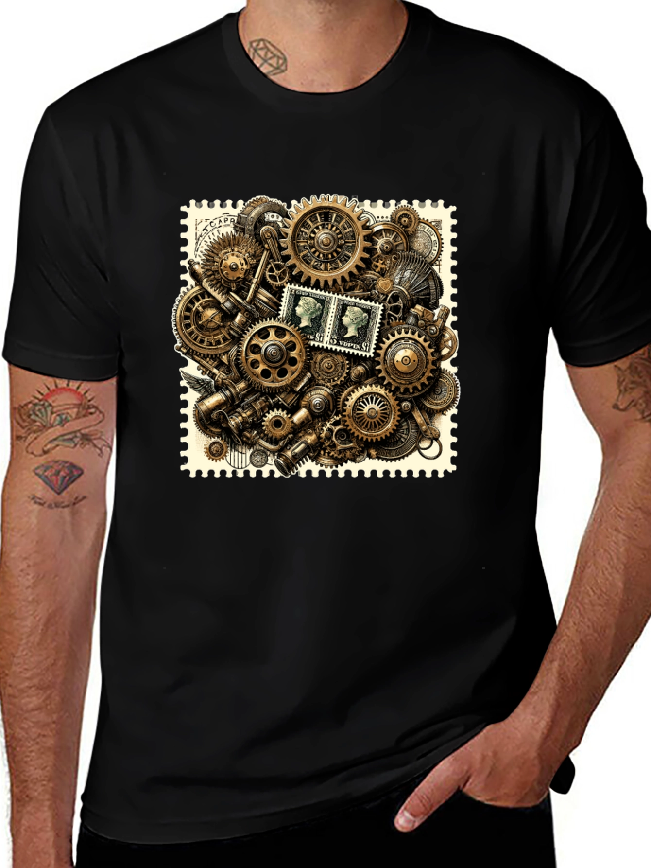 Steampunk Gears & Stamp Print Black T-Shirt
