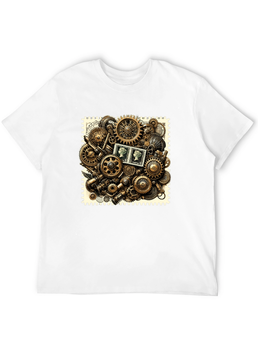 Steampunk Gears & Stamp Print Black T-Shirt
