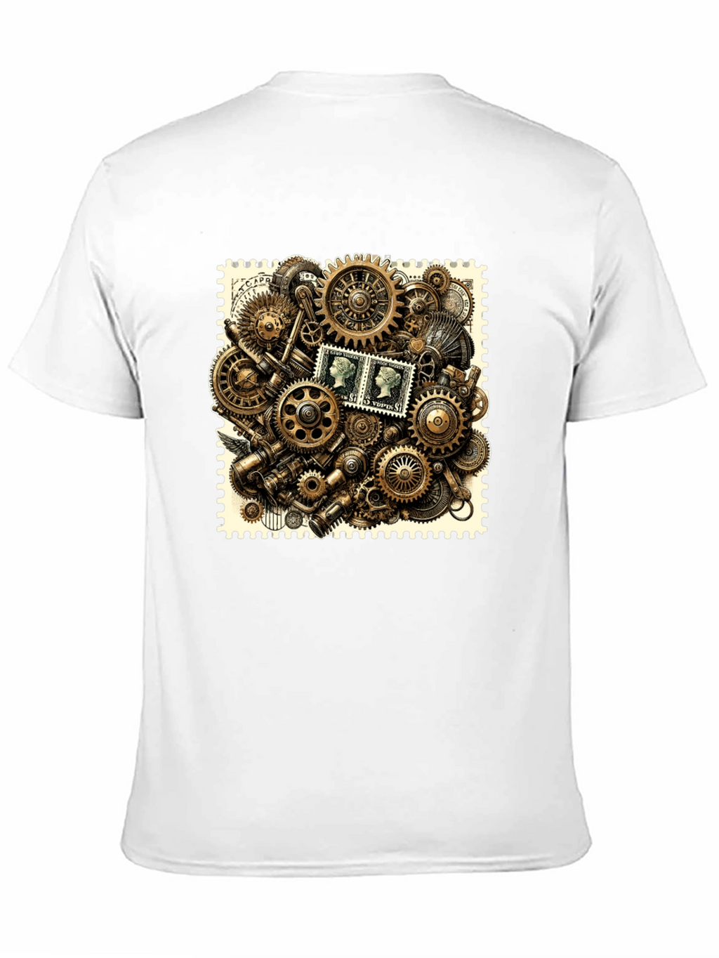 Steampunk Gears & Stamp Print Black T-Shirt
