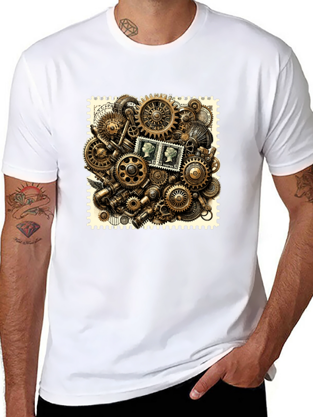 Steampunk Gears & Stamp Print Black T-Shirt