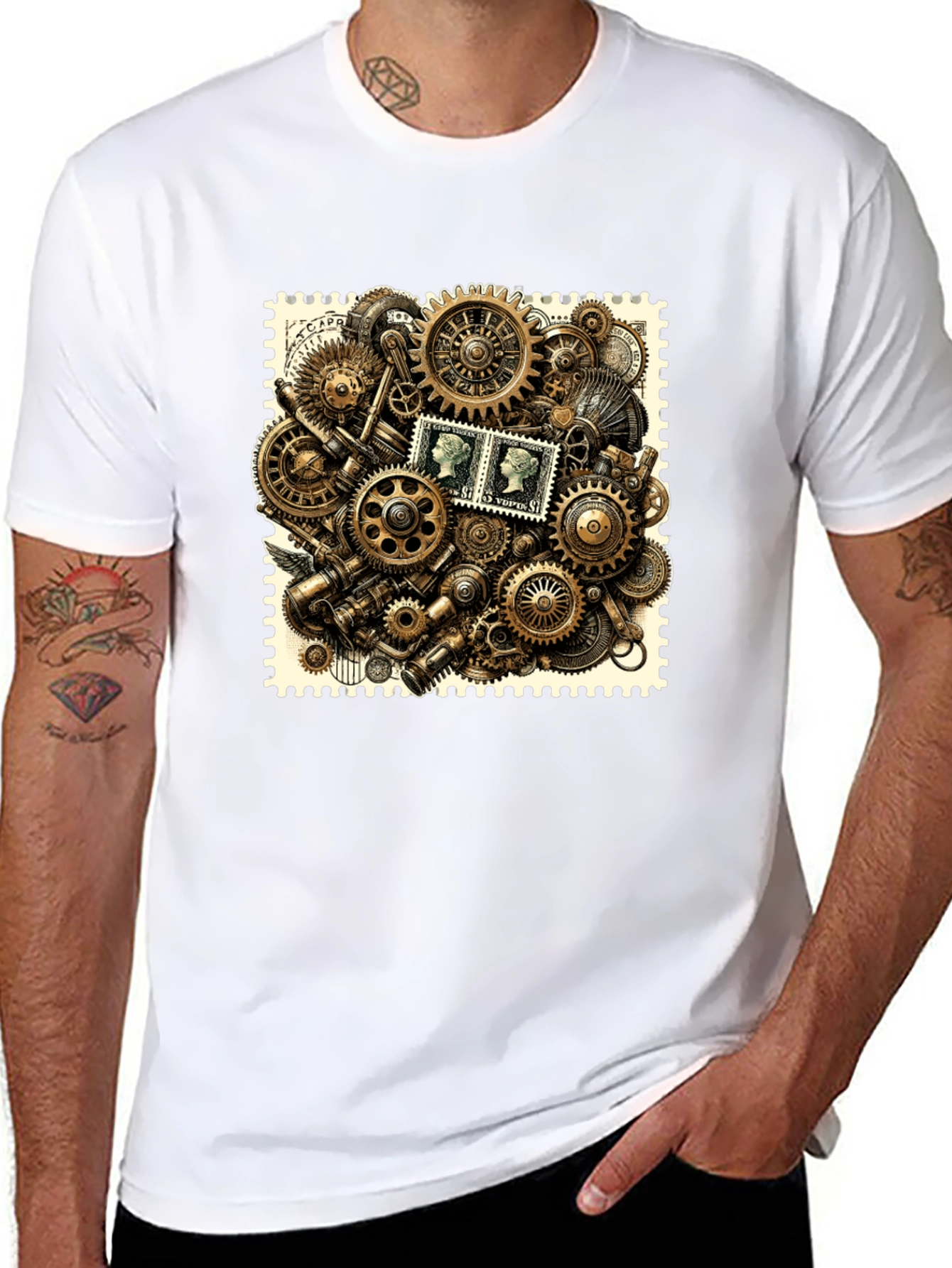 Steampunk Gears & Stamp Print Black T-Shirt