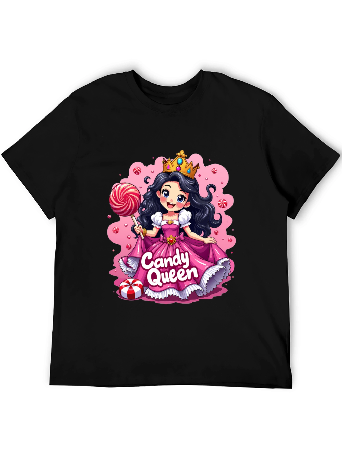 Candy Queen Black T-Shirt - Fun Cartoon Design