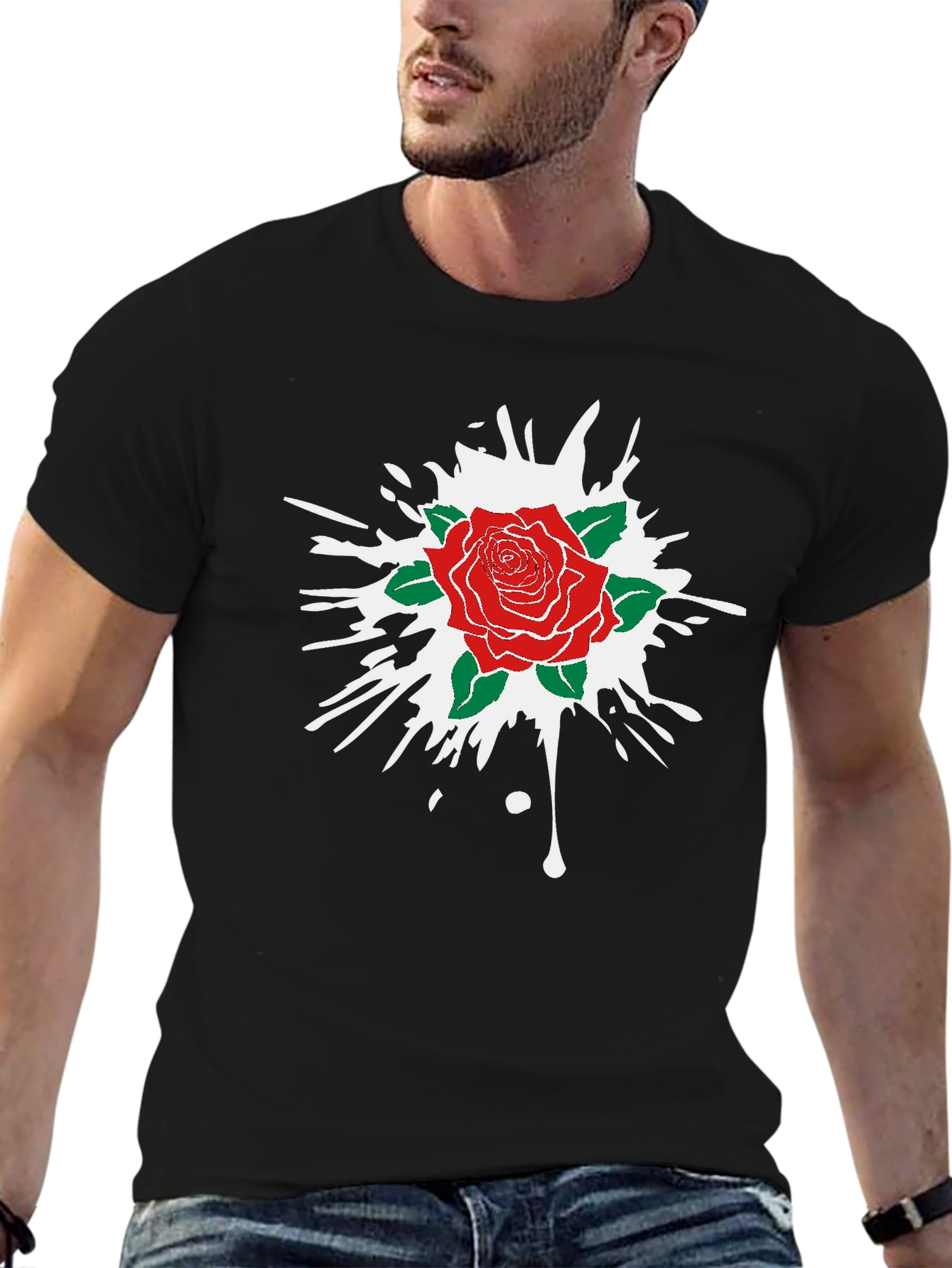 Rose Splash Graphic Tee - Black Cotton Comfort