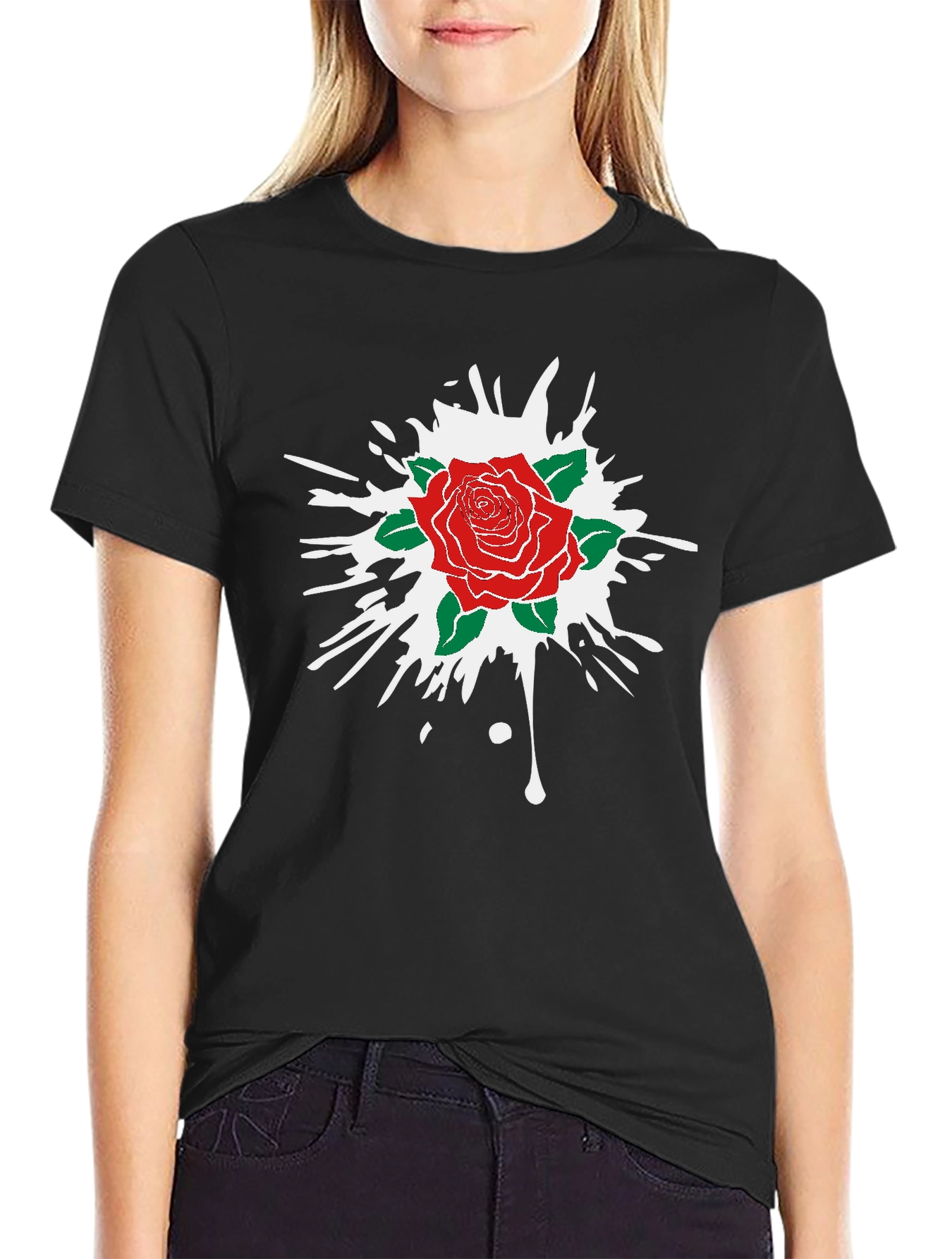Rose Splash Graphic Tee - Black Cotton Comfort
