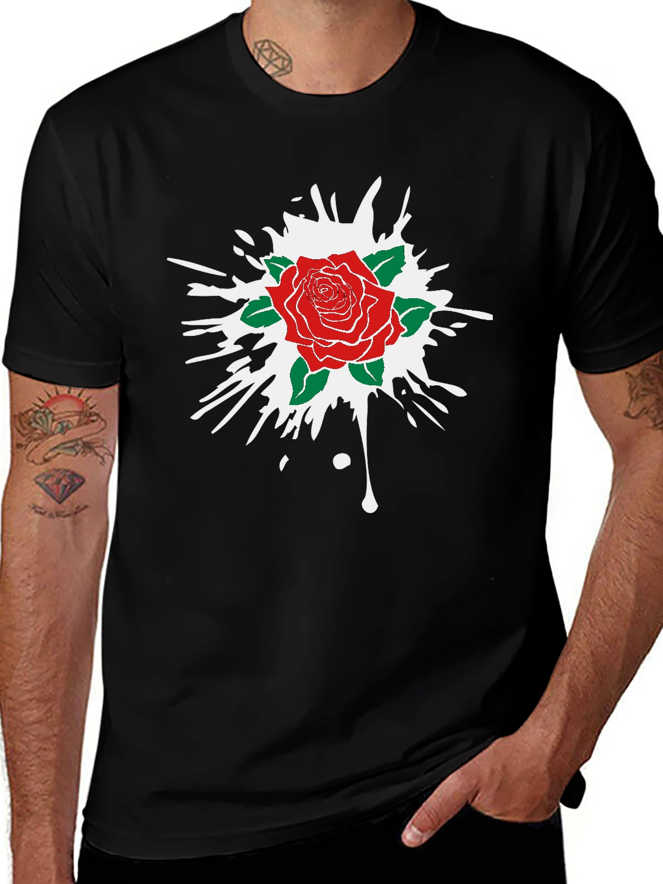 Rose Splash Graphic Tee - Black Cotton Comfort