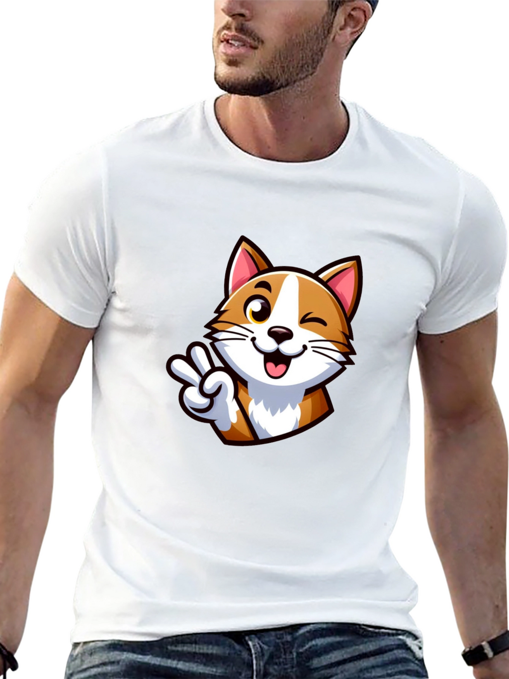 Cute Cartoon Cat Peace Sign Black T-Shirt