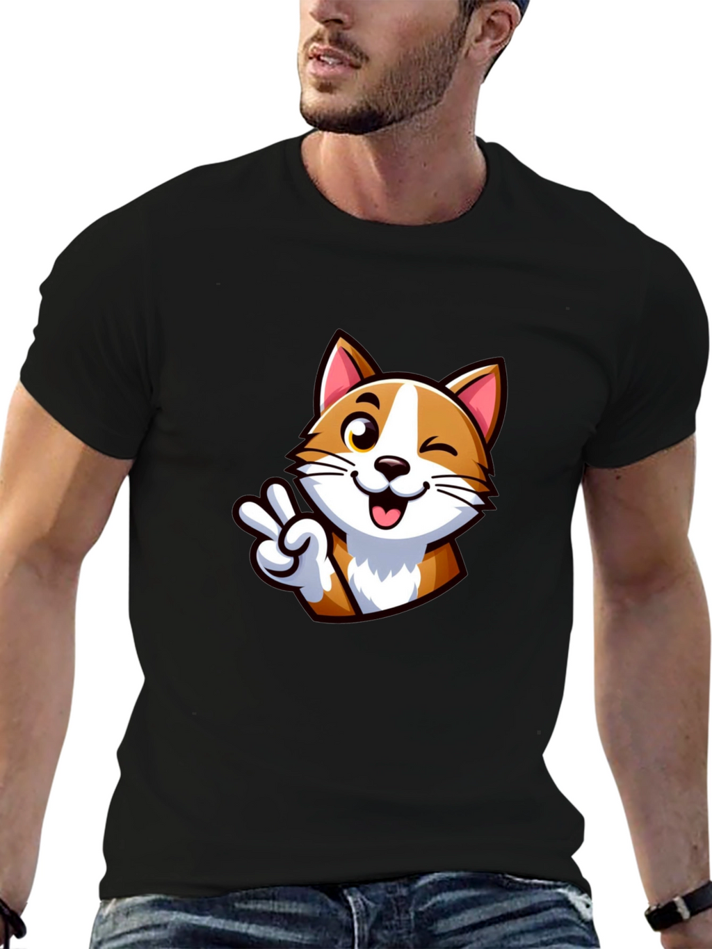Cute Cartoon Cat Peace Sign Black T-Shirt
