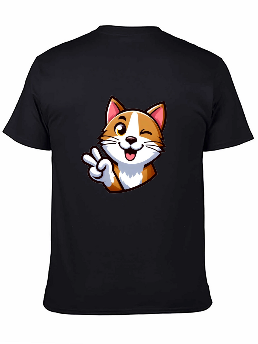 Cute Cartoon Cat Peace Sign Black T-Shirt