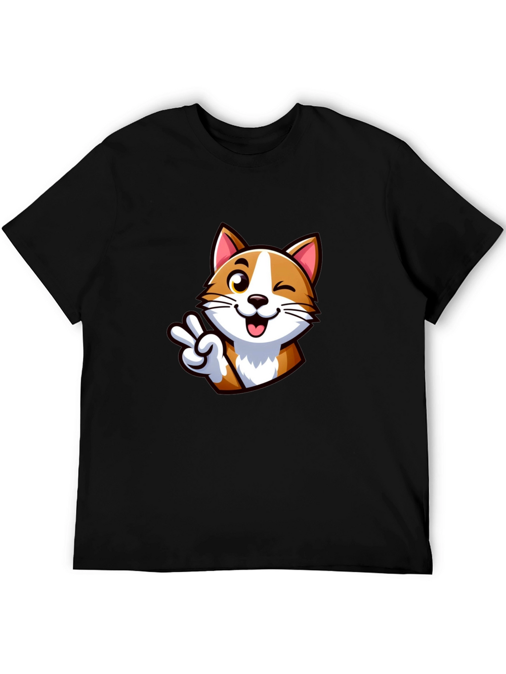 Cute Cartoon Cat Peace Sign Black T-Shirt