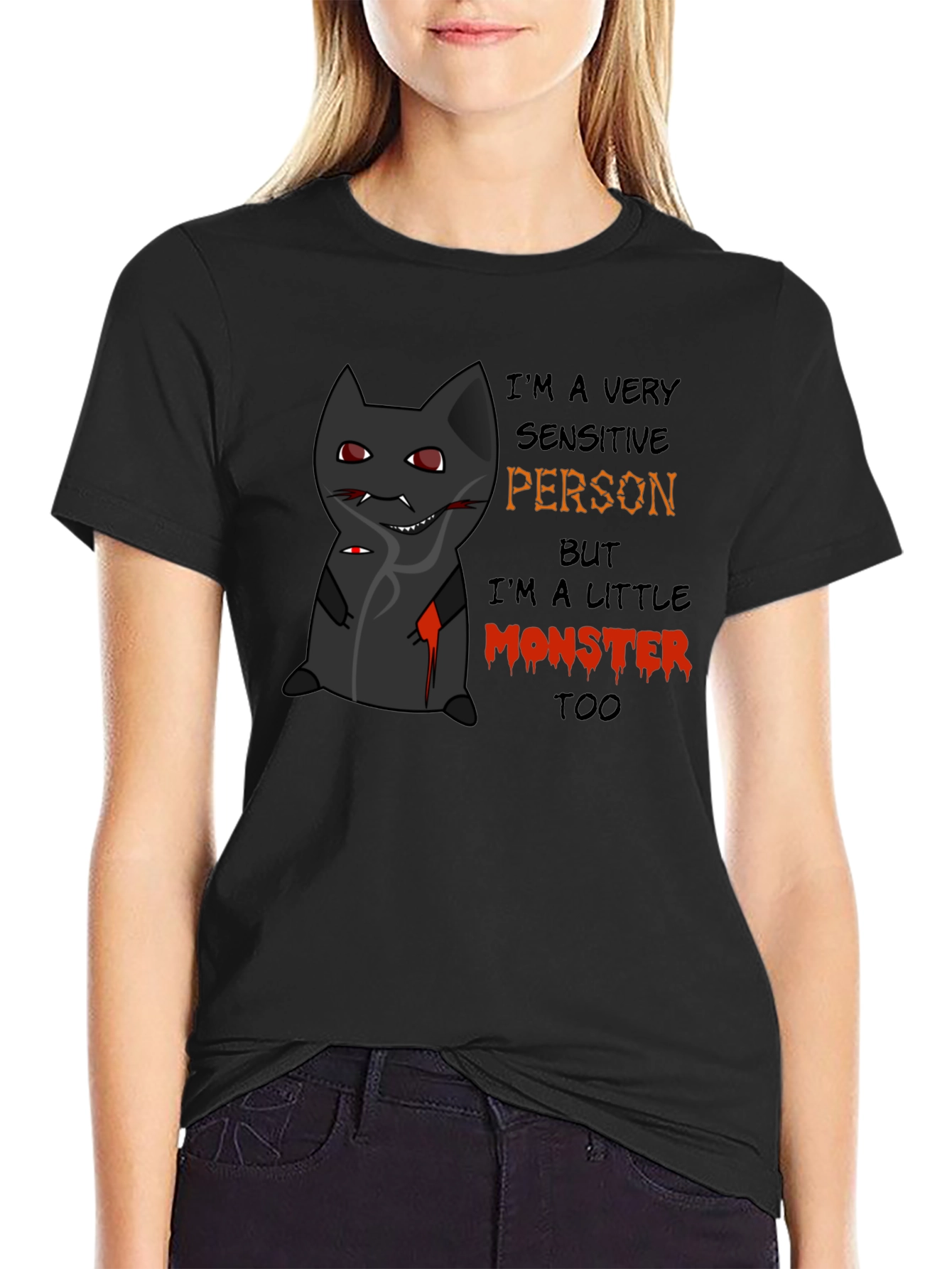 Monster Cat Graphic Tee - Sensitive Person Funny T-Shirt